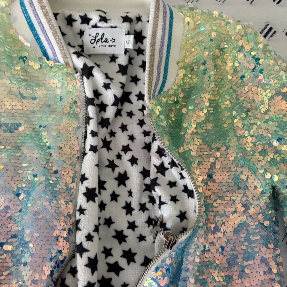 Lola + The Boys Iridescent Sequin Pastel Bomber Jacket - Pink, Blue, Green - Picture 2 of 4